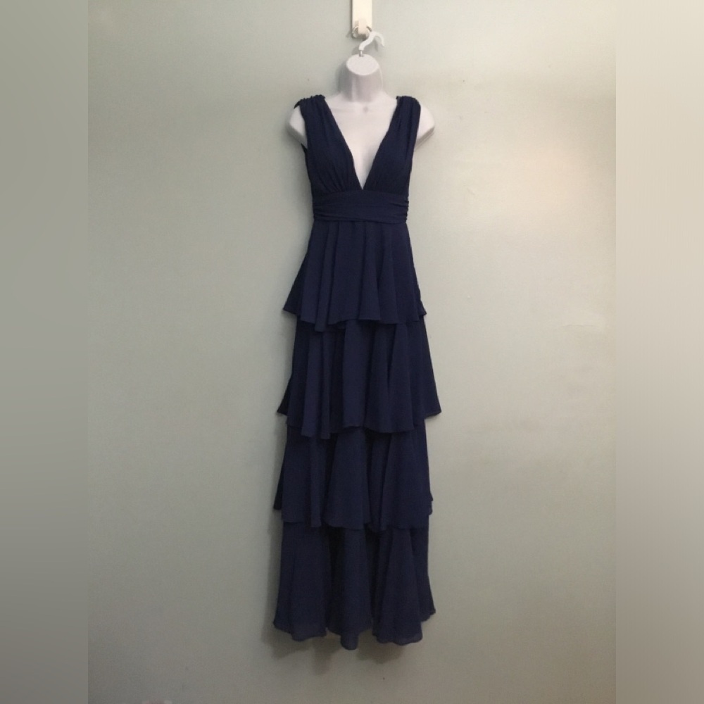 Cotton Candy Navy Tiered Plunge Maxi Dress